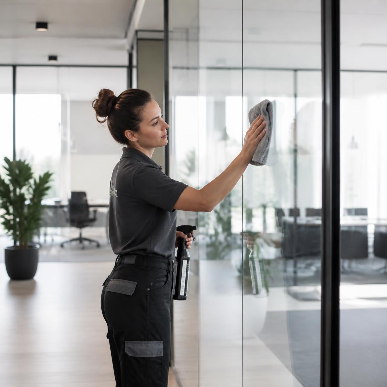 Professional M&S Janitorial team member cleaning a modern office